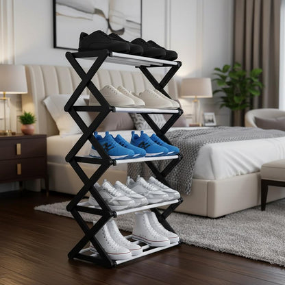 5-Tier Extendable Shoe Rack Space-Saving Adjustable Shoe Storage Organiser Size: 64 x 26 x 75 cm Black
