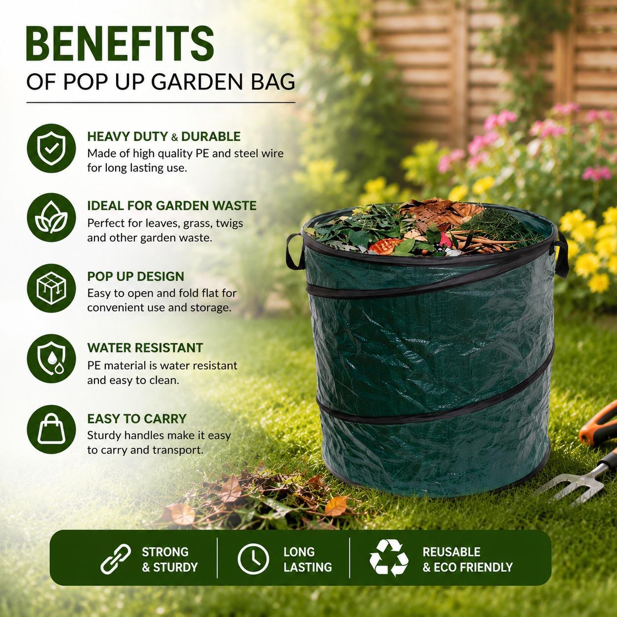 Heavy Duty Pop Up Garden Waste Bag 58cm x 45cm Foldable Leaf Storage Bin for Grass Leaves Patio Outdoor Use Reusable Durable Lightweight