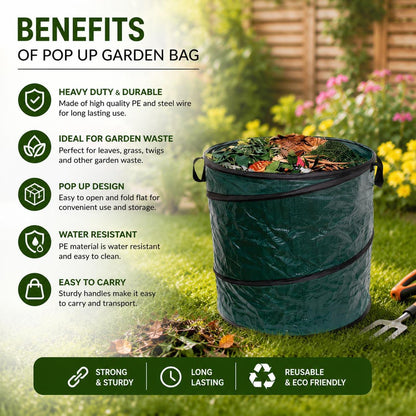 Heavy Duty Pop Up Garden Waste Bag 58cm x 45cm Foldable Leaf Storage Bin for Grass Leaves Patio Outdoor Use Reusable Durable Lightweight