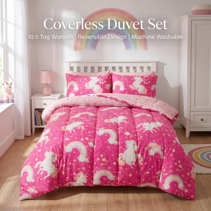 Coverless Duvet Set 10.5 Tog Reversible Quilted Bedding with Pillowcases Unicorn & Gamer Design Single Double Bed Set