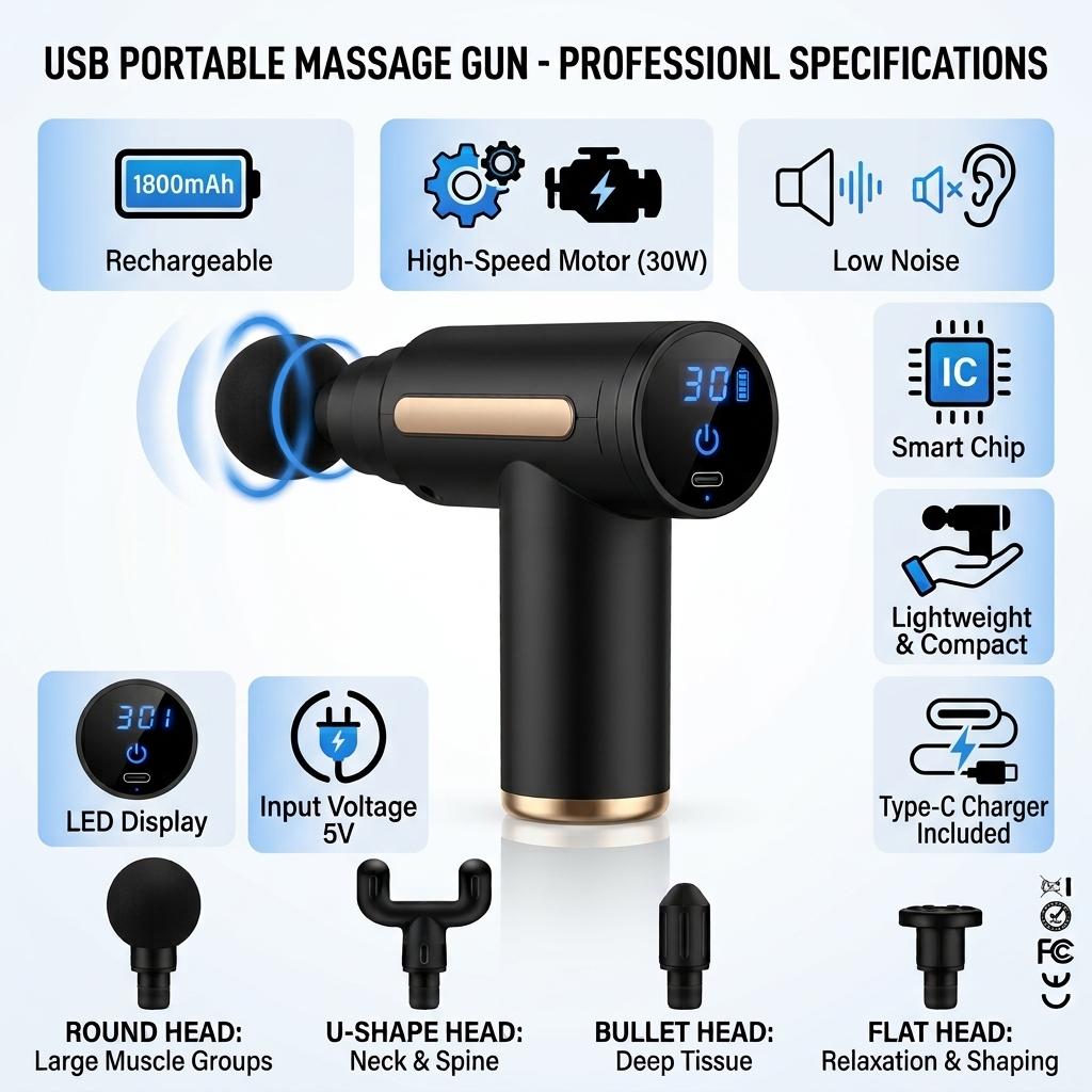 USB Rechargeable Portable Massage Gun with LED Display, Mini Deep Tissue Massager, Adjustable Speed, Low Noise, Type-C Charging, Compact Muscle Massage Device for Home, Gym & Travel