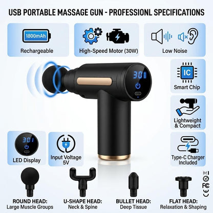 USB Rechargeable Portable Massage Gun with LED Display, Mini Deep Tissue Massager, Adjustable Speed, Low Noise, Type-C Charging, Compact Muscle Massage Device for Home, Gym & Travel