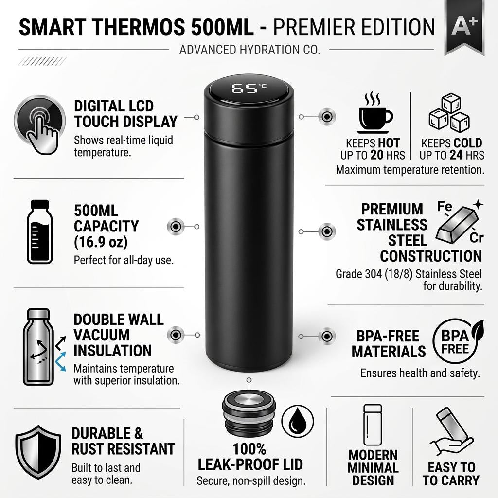 500ML Smart Vacuum Flask with LCD Temperature Display Stainless Steel Insulated Water Bottle Hot & Cold UK