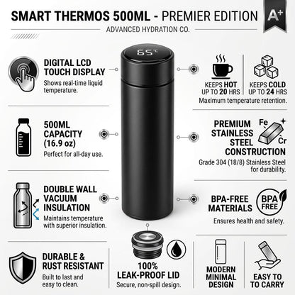 500ML Smart Vacuum Flask with LCD Temperature Display Stainless Steel Insulated Water Bottle Hot & Cold UK