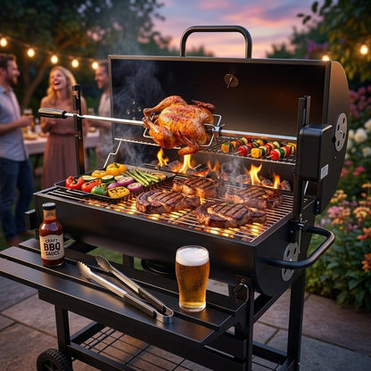 Premium Charcoal BBQ Grill with Rotisserie Spit Roaster – Outdoor Garden Barbecue Cooker for Parties, Camping & Summer Grilling UK