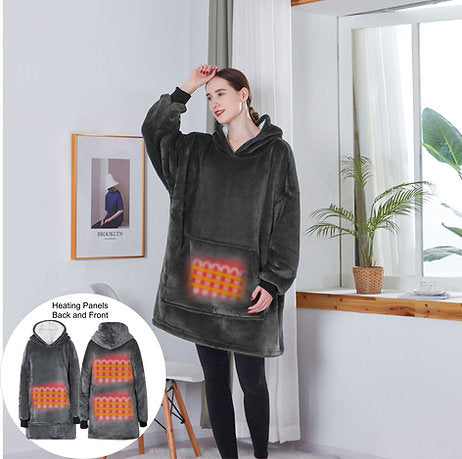 Heated Oversized Hoodie Soft Fleece Sherpa Hooded Blanket Warm Thermal Hoody UK