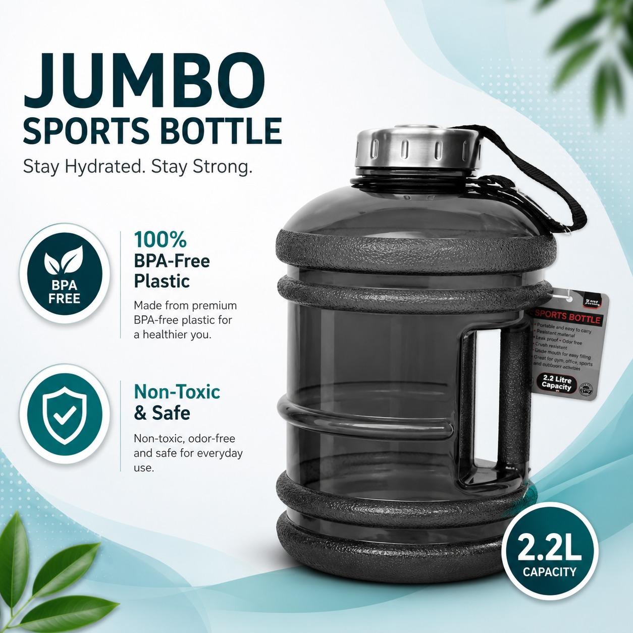 Extra Large 2.2L Water Bottle for Gym Fitness Sports Leakproof BPA Free with Carry Handle Strap