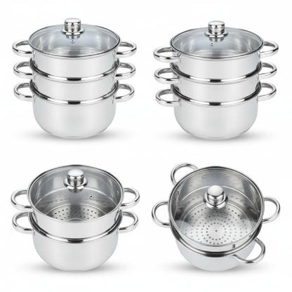 3 Tier Stainless Steel Steamer Set with Glass Lid – 25cm Multi-Level Cooking Pot (4 Piece Set) for Healthy Meals - Cookware