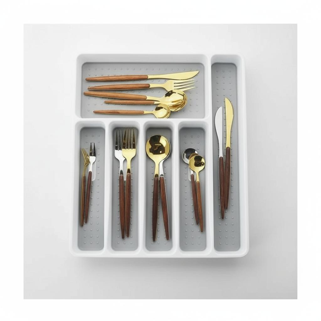6 Compartment Drawer Organiser Tray – Non-Slip Cutlery & Utensil Storage Box for Kitchen or Office