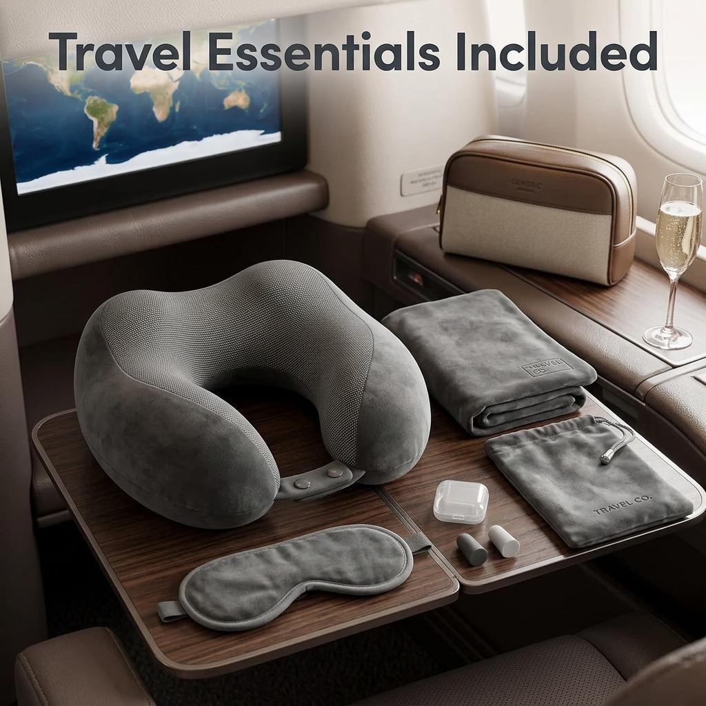 Memory Foam Travel Pillow Set with Eye Mask & Ear Plugs Adjustable Neck Support Cushion Washable Travel Pillow for Plane, Car & Train
