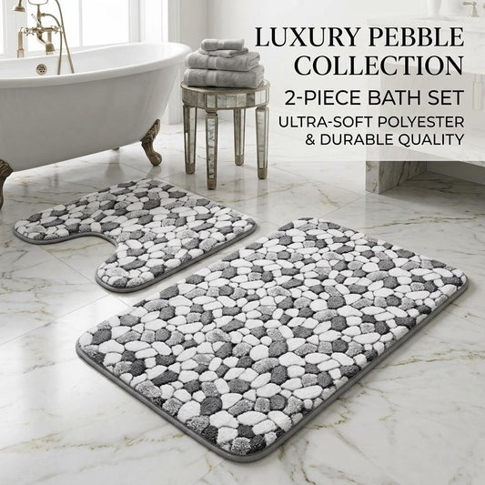 2 Piece Pebble Stone Bath Mat Set, Soft Polyester Bathroom Rugs, Non-Slip Style Bath Mat Set 50x80cm & 50x40cm