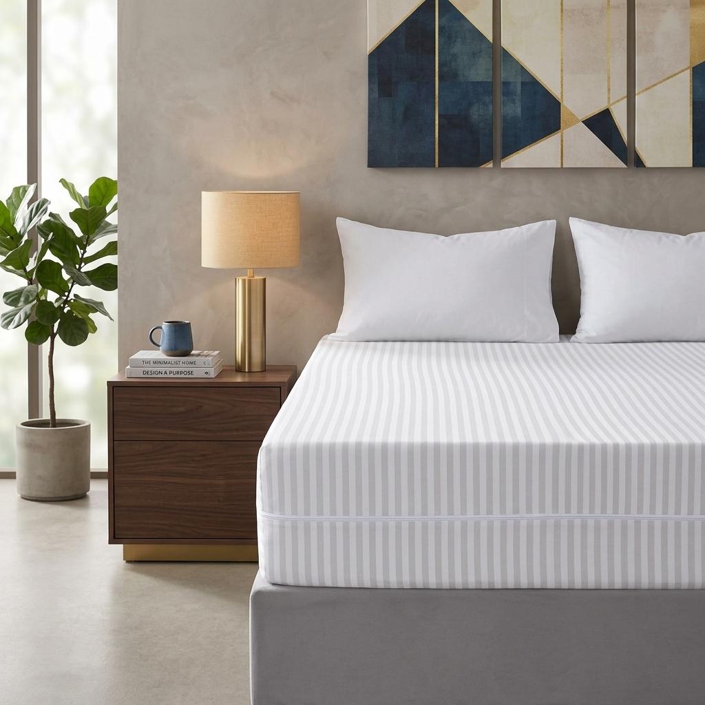 Satin Stripe Zipped Mattress Protector Double Side Zipper Closure Full Encasement Covers Anti Bed Bug Mattress Zip Protector 30cm Deep Matress Cover with Zip Blue and white