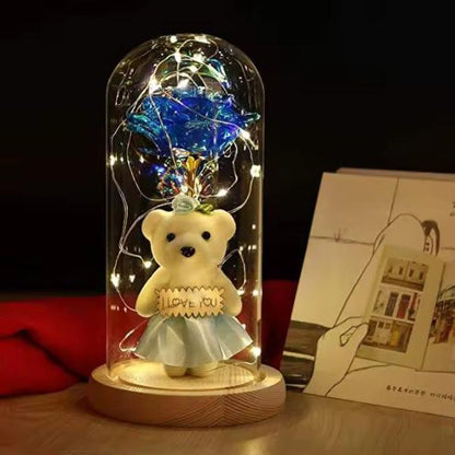 LED Light Up Rose in Glass Dome with Mini Teddy Bear Romantic Gift for Valentine’s Day Birthday Christmas Random Colour