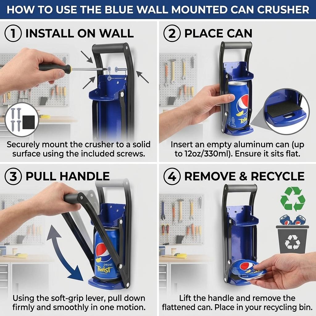 2 in 1 Wall Mounted Can Crusher & Bottle Opener Heavy Duty Metal Can Crusher with Soft Grip Handle Recycling Tool for Soda & Drink Cans Black & Blue
