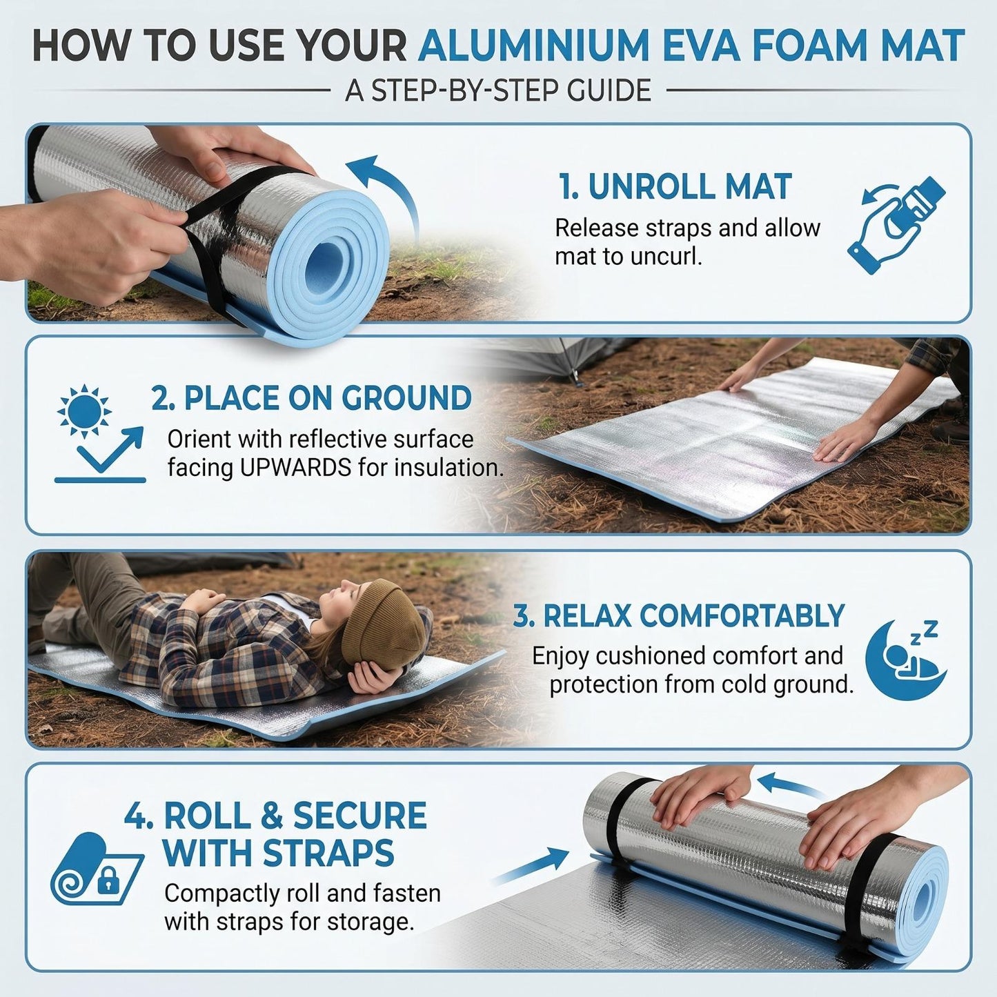 Aluminium EVA Foam Camping Mat 180x50cm – Waterproof Roll Up Sleeping Mat for Camping, Hiking & Outdoor Activities with Storage Straps