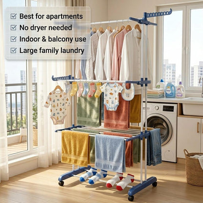 4 Tier Foldable Clothes Airer Drying Rack with Wheels Adjustable Indoor Laundry Dryer 18m Drying Space Lightweight & Durable for Household Use