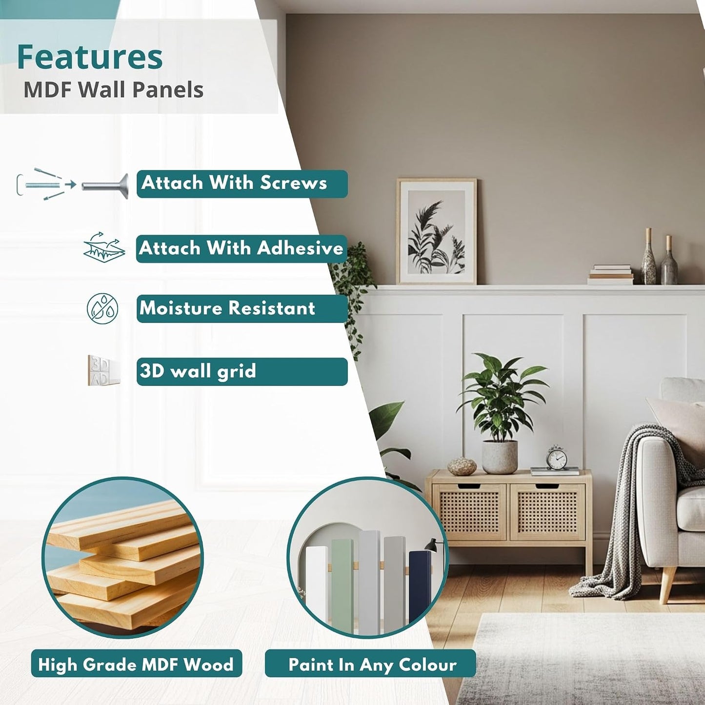 6 Piece Paintable MDF Wall Panels 3D Decorative Wall Slats for Interior Feature Walls, DIY Shaker Style Wall Panelling, Moisture Resistant