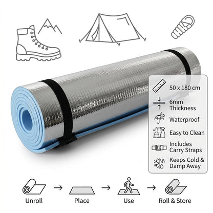 Aluminium EVA Foam Camping Mat 180x50cm – Waterproof Roll Up Sleeping Mat for Camping, Hiking & Outdoor Activities with Storage Straps