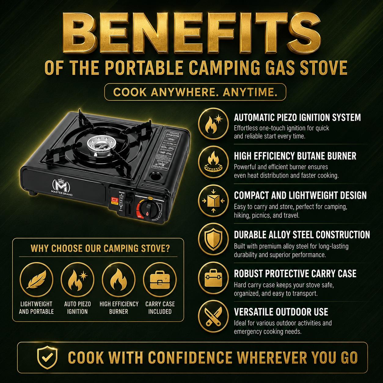Portable Camping Gas Stove with Automatic Piezo Ignition Lightweight Butane Gas Cooker Outdoor Camping Stove with Carry Case for Hiking BBQ Fishing Picnic Travel 36 × 31 × 9 cm