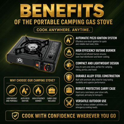 Portable Camping Gas Stove with Automatic Piezo Ignition Lightweight Butane Gas Cooker Outdoor Camping Stove with Carry Case for Hiking BBQ Fishing Picnic Travel 36 × 31 × 9 cm