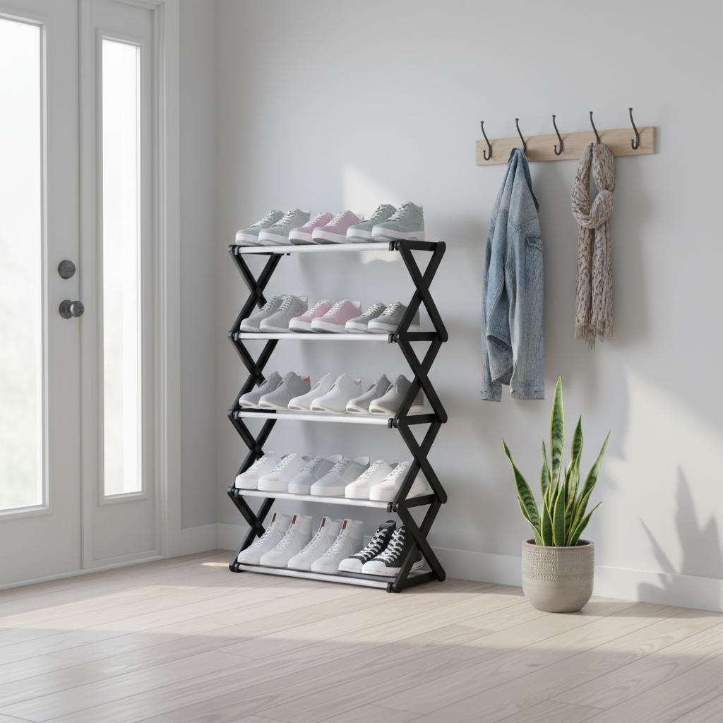 5-Tier Extendable Shoe Rack Space-Saving Adjustable Shoe Storage Organiser Size: 64 x 26 x 75 cm Black