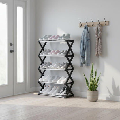 5-Tier Extendable Shoe Rack Space-Saving Adjustable Shoe Storage Organiser Size: 64 x 26 x 75 cm Black