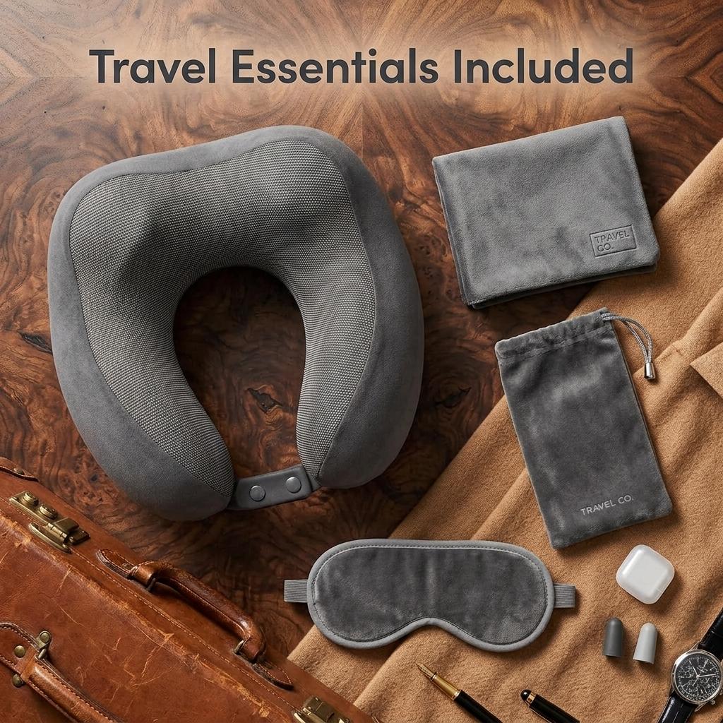 Memory Foam Travel Pillow Set with Eye Mask & Ear Plugs Adjustable Neck Support Cushion Washable Travel Pillow for Plane, Car & Train