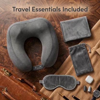 Memory Foam Travel Pillow Set with Eye Mask & Ear Plugs Adjustable Neck Support Cushion Washable Travel Pillow for Plane, Car & Train