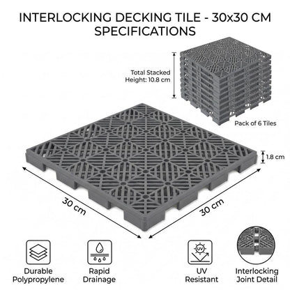 Interlocking Decking Tiles 30x30cm 10PC 20PC 30PC 40PC 50PC Outdoor Plastic Garden Flooring Tiles Patio Balcony Terrace Deck Tiles Grey