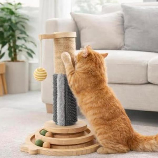 5-in-1 Wooden Cat Scratching Tower with Sisal Ramps & Interactive Balls – Indoor Cat Activity & Lounge Station