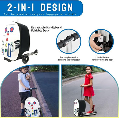 2-in-1 Kids Scooter Suitcase 18 Inch Foldable Ride-On Children's Luggage 25L Lightweight Travel Case with Smooth Wheels for Boys & Girls 5+