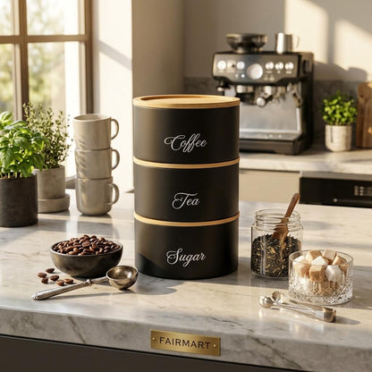 3 Piece Round Storage Canister Set Stackable Metal Kitchen Containers with Bamboo Lids for Tea, Coffee, Sugar & Pantry Storage