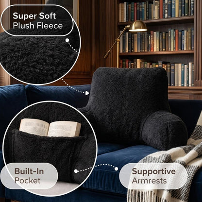 Plush Teddy Fleece Reading Pillow with Armrests & Pocket – Soft Backrest Cushion