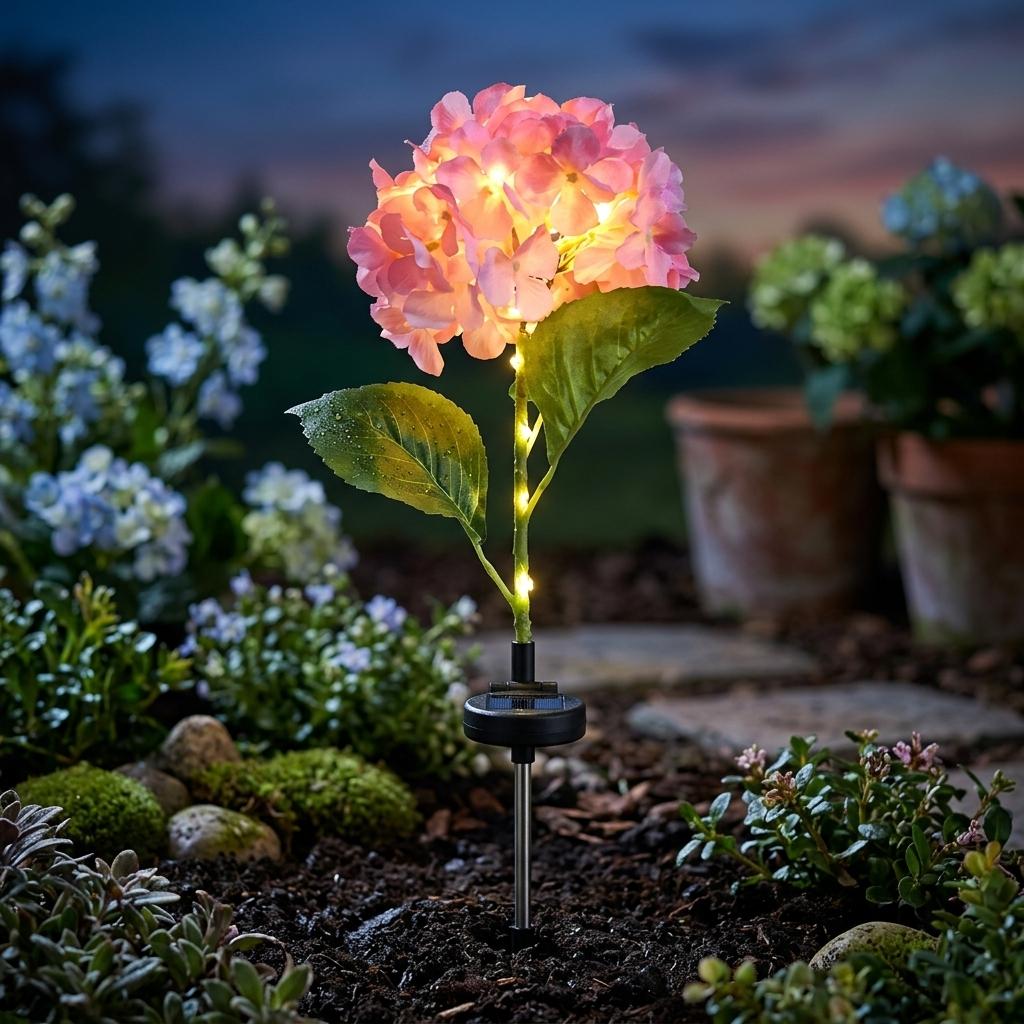 2 Pc Solar Hydrangea Flower Garden Lights Waterproof Outdoor LED Path Lights with 8 Lighting Modes for Garden, Patio & Lawn Random Color