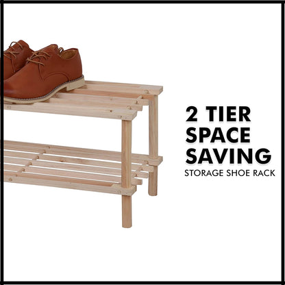 Natural Wooden Shoe Rack 2 Tier Shoe Storage Organizer Easy Assemble Shoe Stand Shelf for Entryway Hallway Bedroom Closet Space Saving Shoe Holder