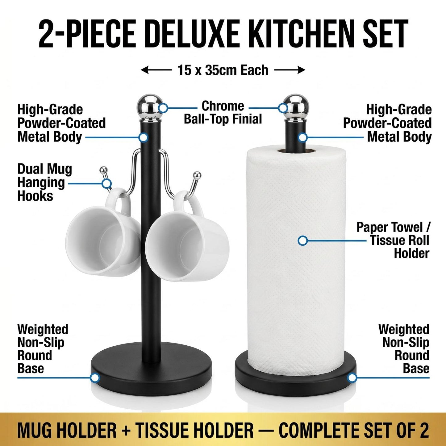 2 Pack Metal Mug Holder & Tissue Roll Stand Set | Powder Coated Kitchen Counter Organiser | Durable Cup Storage Rack UK