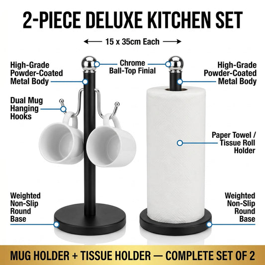 2 Pack Metal Mug Holder & Tissue Roll Stand Set | Powder Coated Kitchen Counter Organiser | Durable Cup Storage Rack UK
