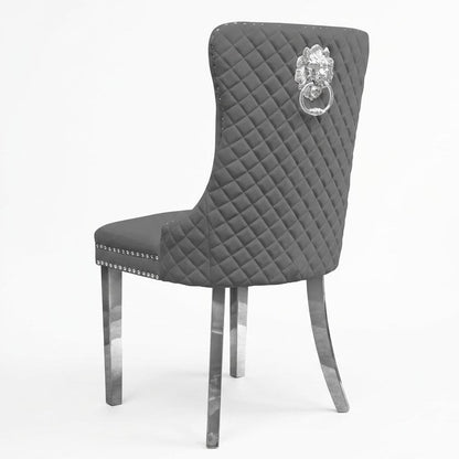Velvet Dining Chair with Chrome Effect Door Knocker High Back Padded Seat Metal Legs Upholstered Dining Room Chair Single