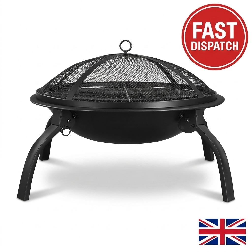 Round Foldable Fire Pit with Grill – Portable Outdoor Fire Bowl BBQ with Mesh Spark Guard, Steel Patio Heater for Garden, Camping & Beach