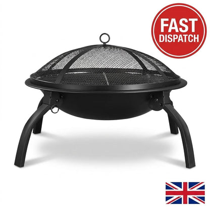 Round Foldable Fire Pit with Grill – Portable Outdoor Fire Bowl BBQ with Mesh Spark Guard, Steel Patio Heater for Garden, Camping & Beach