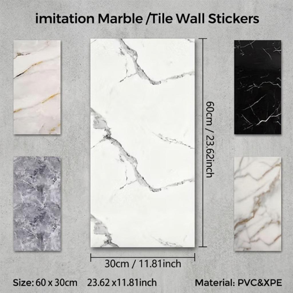 Marble Effect Waterproof Wall Tile Stickers 30cm x 60cm 10-20PCS Easy DIY PVC Peel and Stick Decor for Kitchen Bathroom Living Room