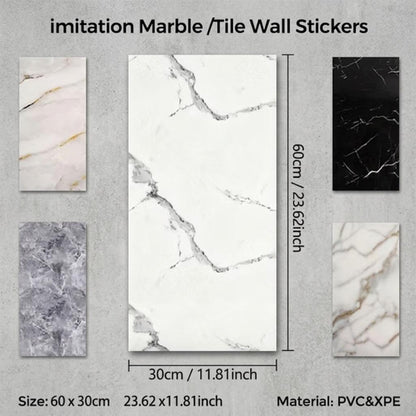 Marble Effect Waterproof Wall Tile Stickers 30cm x 60cm 10-20PCS Easy DIY PVC Peel and Stick Decor for Kitchen Bathroom Living Room