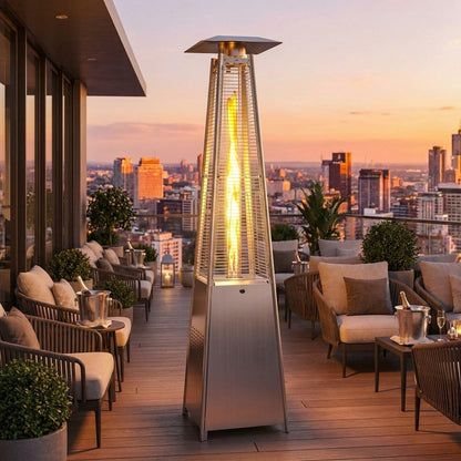 Pyramid Flame Patio Heater Outdoor Propane Gas Heater with Glass Tube Flame, Freestanding Stainless Steel Garden Heater for Patio & Backyard