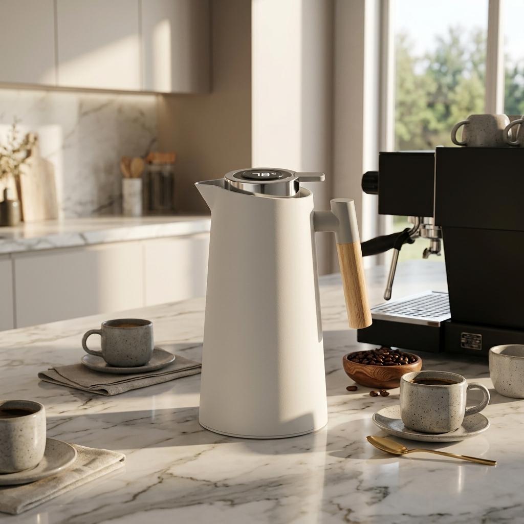 1L Smart Vacuum Jug with LCD Temperature Display, Insulated Thermal Flask, Glass Liner, Wooden Handle, Hot & Cold Beverage Jug