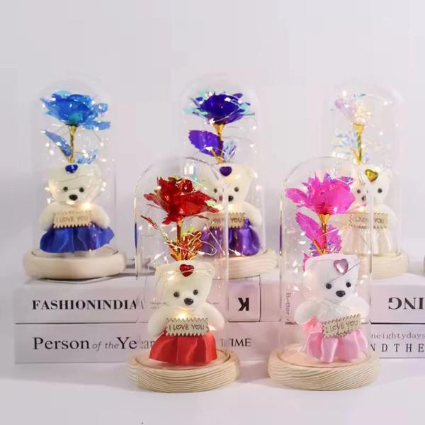LED Light Up Rose in Glass Dome with Mini Teddy Bear Romantic Gift for Valentine’s Day Birthday Christmas Random Colour