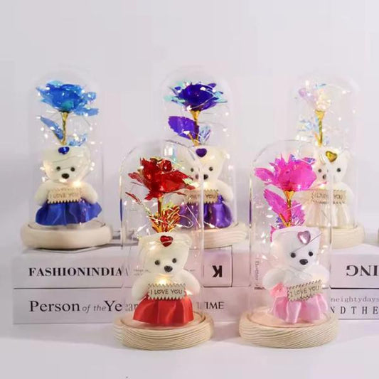 LED Light Up Rose in Glass Dome with Mini Teddy Bear Romantic Gift for Valentine’s Day Birthday Christmas Random Colour