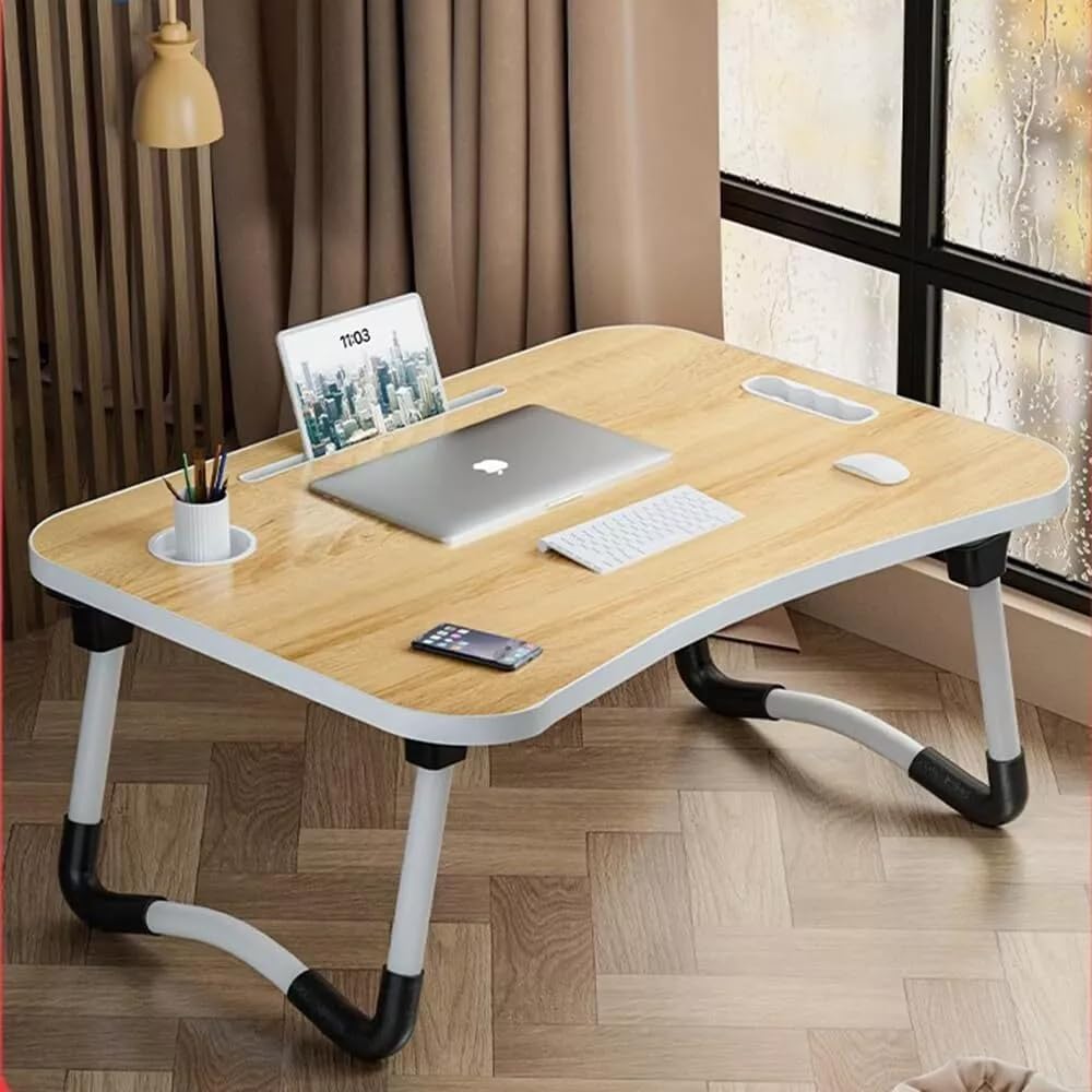 Foldable Laptop Table for Bed & Sofa Portable Desk with Cup Holder Phone/Tablet Slot Book Storage Study Work Reading Writing Breakfast Tray