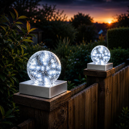 2 Pack Solar Crackle Glass Ball Lights Silver Base Outdoor LED Post Deck Cap Garden Pathway Lighting UK