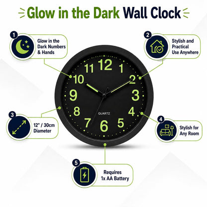 Glow in the Dark Wall Clock 30cm Luminous Numbers & Hands Silent Bedroom Clock Stylish Home Décor AA Battery UK
