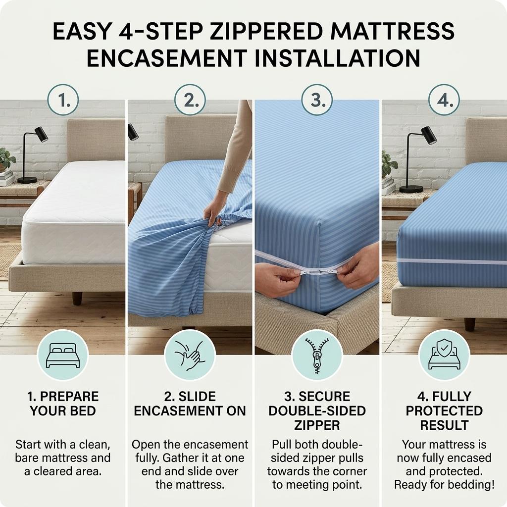 Satin Stripe Zipped Mattress Protector Double Side Zipper Closure Full Encasement Covers Anti Bed Bug Mattress Zip Protector 30cm Deep Matress Cover with Zip Blue and white